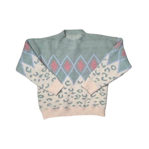 Pastel Argyle Leopard Knit Sweater Soft Girl Y2K Retro - Picture 1 of 6